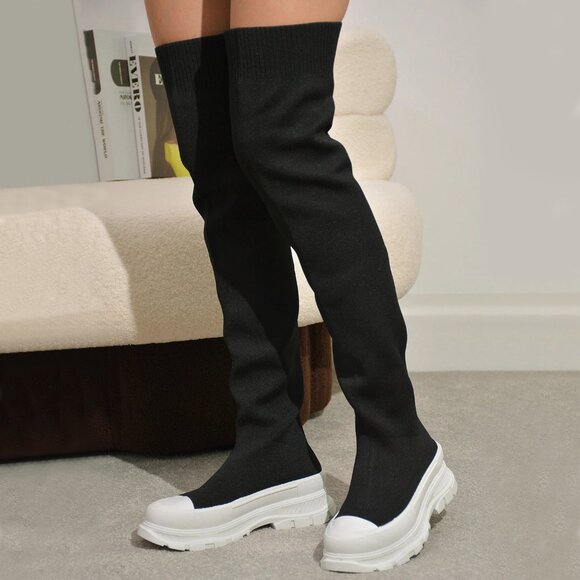 NEW🔥 Stretchy Knit Over The Knee Thigh High Platform Sock Sneaker Boots Pull-On - Picture 1 of 4